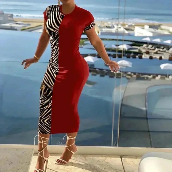 Zebra Striped Patchwork Bodycon Dress (Color: Red) - Picture 1 of 3